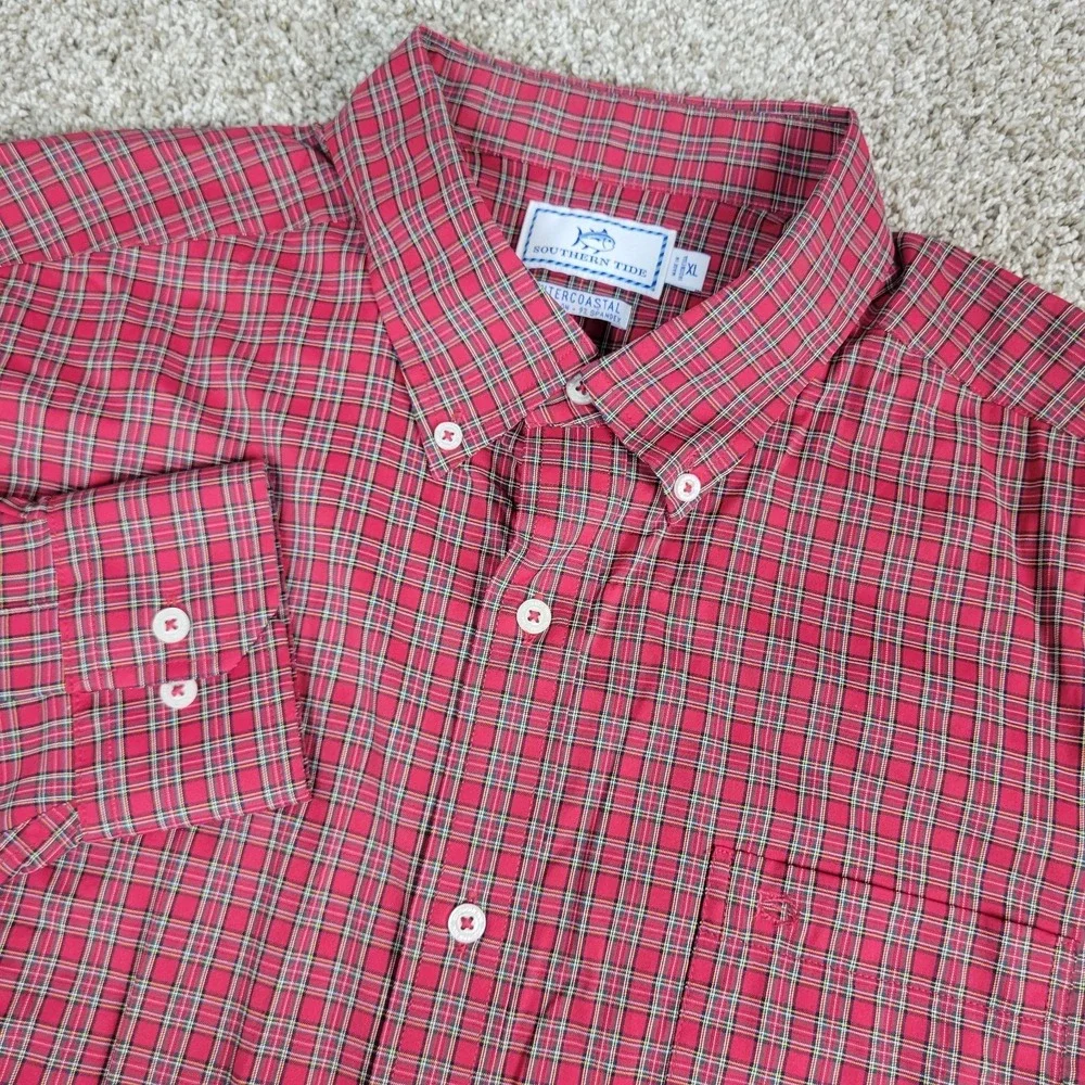 Southern Tide Intercoastal Mens XL Red Plaid Check Performance Button Down LS